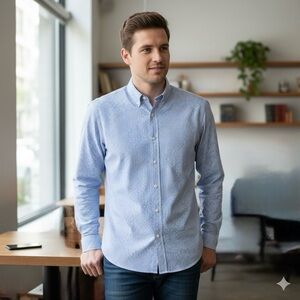 Charles Tyrwhitt Slim Fit Men’s Light Blue Gingham Button Down Cotton Shirt L